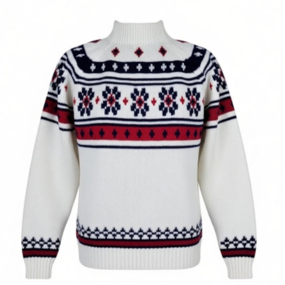 JC Penney Sweater Men M White Navy Red Fair Isle Long Sleeve Vintage 70s 80s Ski